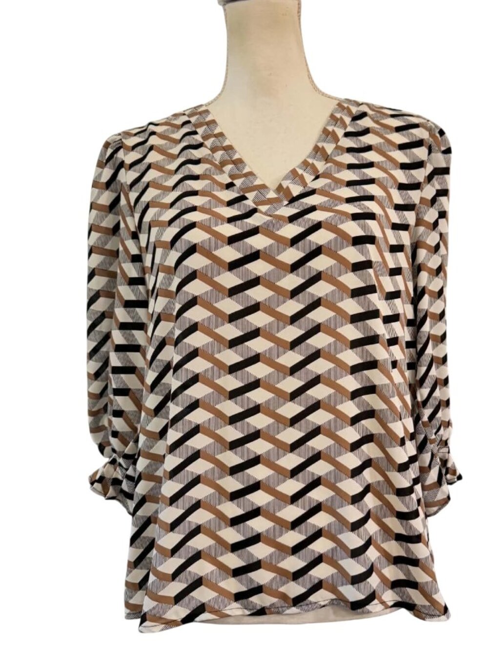 Worthington Neutral Toned Geometric V-neck Blouse